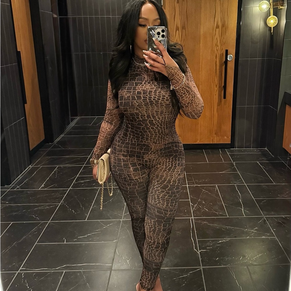 Brown Snake Print Mesh Jumpsuit
